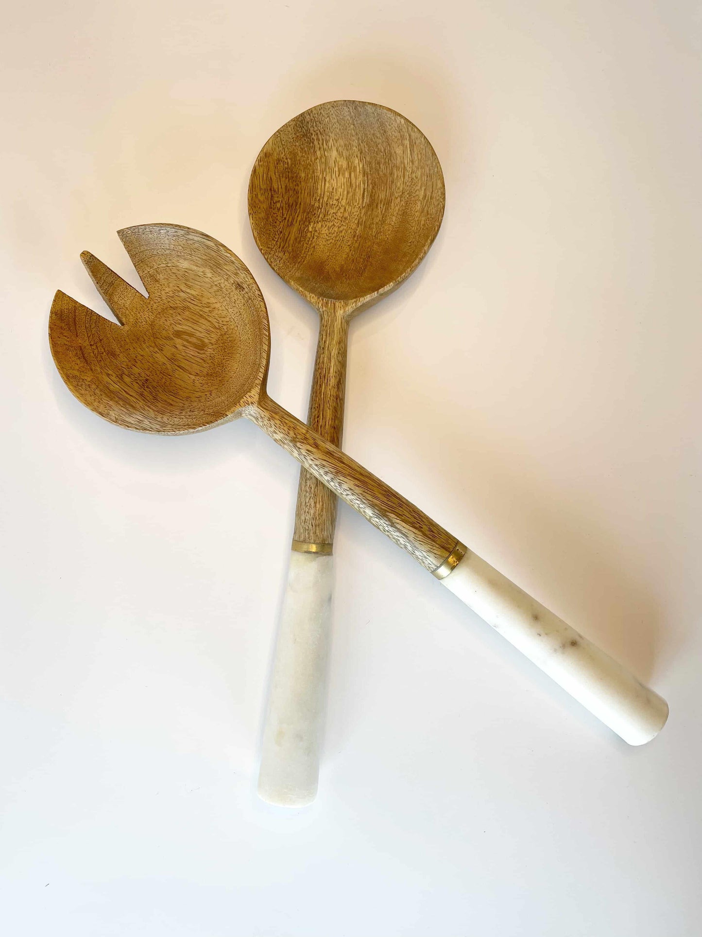 Marble and wood salad server set