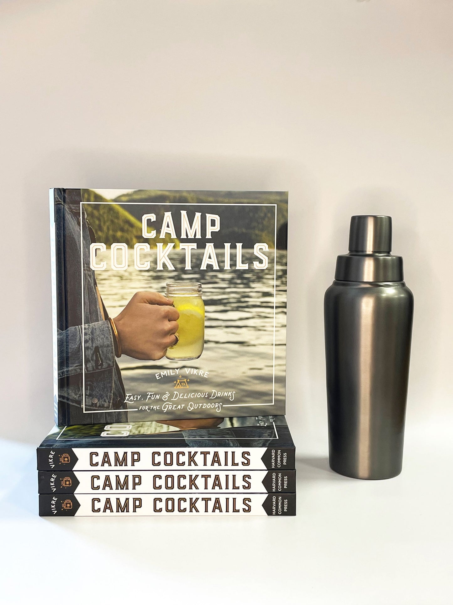 Camp Cocktails book with Gunmental cocktail shaker