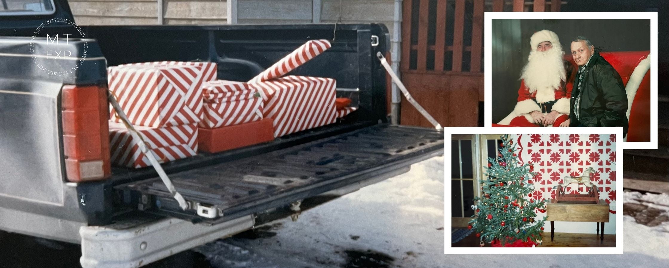 Truck bed with wrapped presents, inset of Santa and man, Christmas tree and gift.