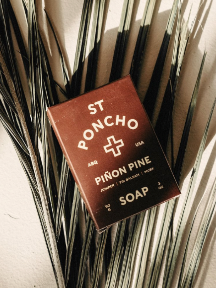 Saint Poncho piñon pine hand soap bar on palm leaf