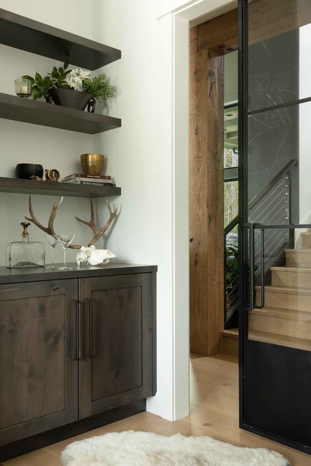 Transitional space with cabinets and shelves of decorations