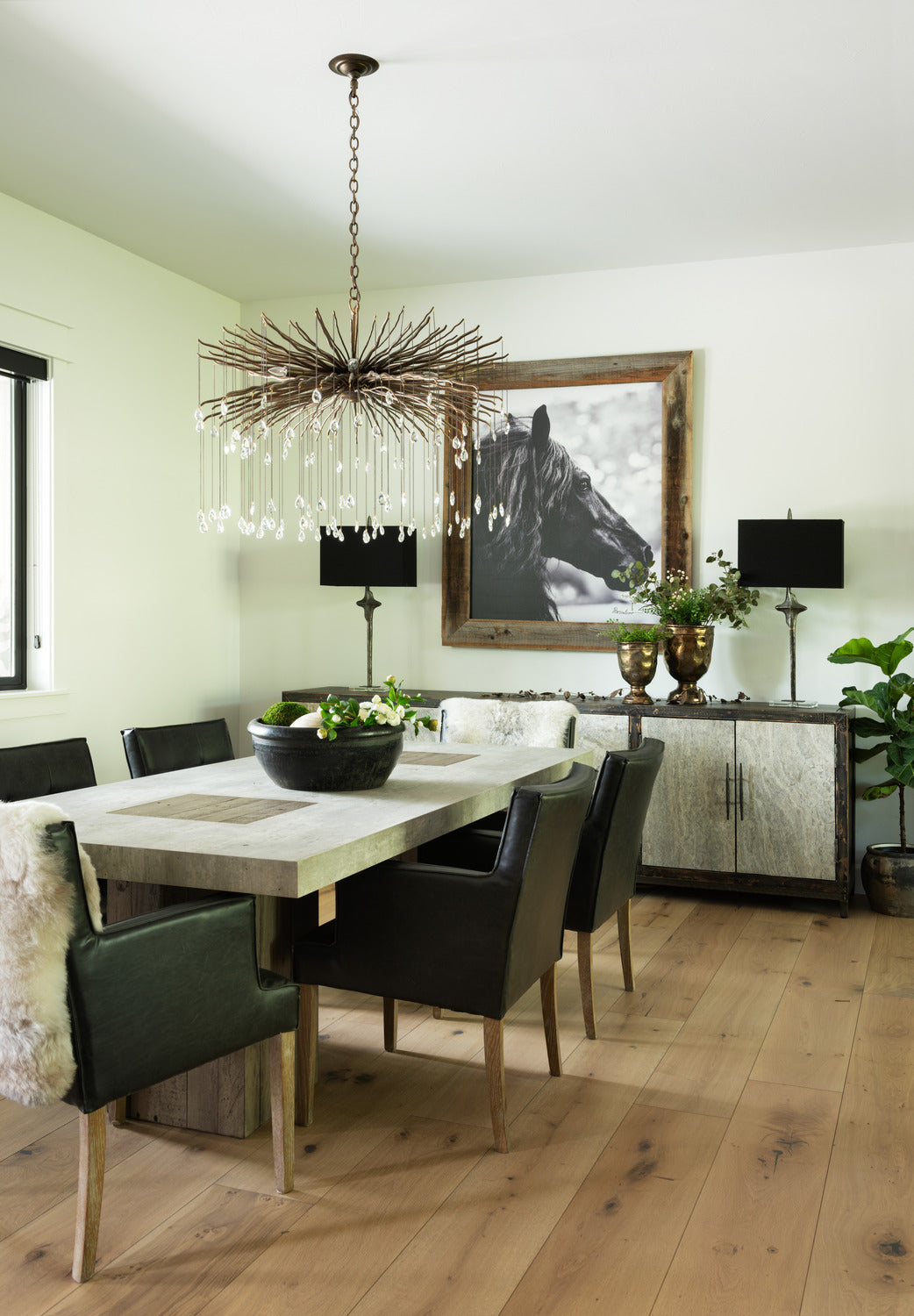 Transitional dining room with horse photograph art on wall