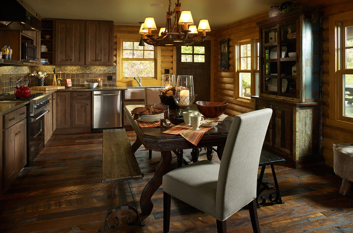 Rustic guest house kitchen with decorated dining table