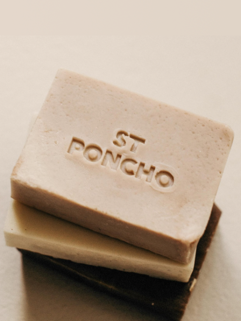 Saint Poncho logo stamped into hand soap bar stack of three